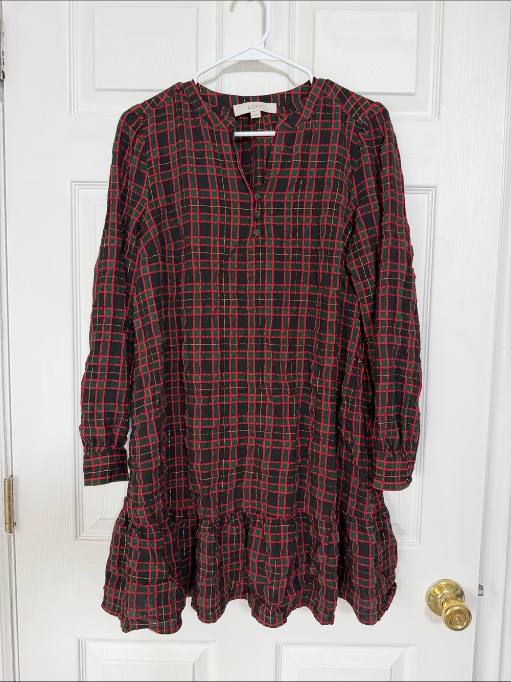 LOFT Black and Red Plaid Tiered Peasant Shift Dress